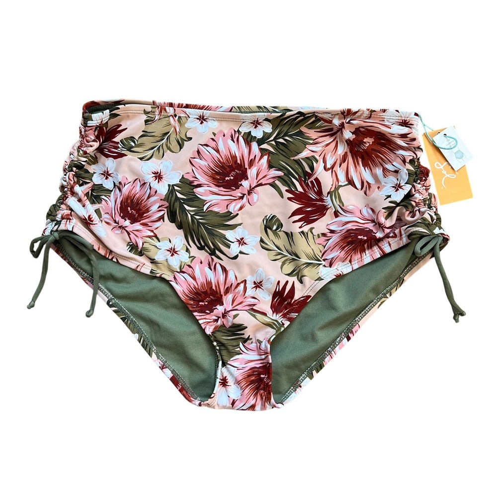 Kona Sol Bikini Bottom Women Lg Pink Floral High Waist Ruched Side Tie Swimwear